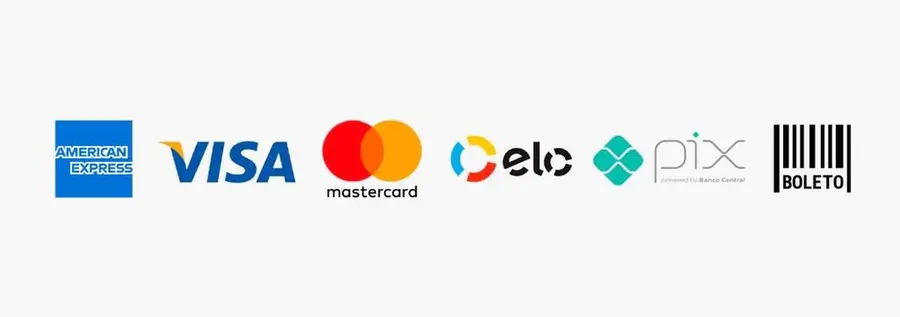 Visa, Mastercard, Elo, Pix e boleto